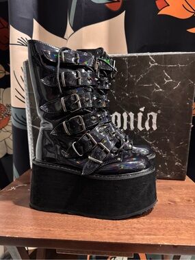 Demonia Black Holographic Multi-Buckle Platform Boots